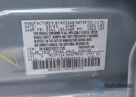 2025 Nissan Sentra Sv from USA, damaged, VIN 3N1AB8CVXSY317705